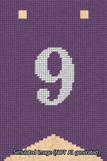 A simulated image of the stitched needlepoint design: Banner 13m Forked 9 White on Purple. Not A.I. generated.