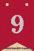A simulated image of the stitched needlepoint design: Banner 13m Forked 9 White on Red. Not A.I. generated.