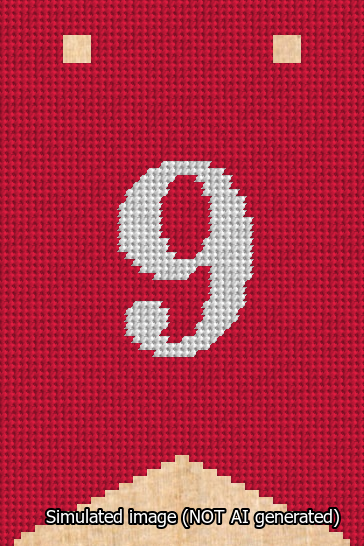 A simulated image of the stitched needlepoint design: Banner 13m Forked 9 White on Red. Not A.I. generated.