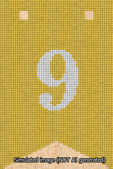 A simulated image of the stitched needlepoint design: Banner 13m Forked 9 White on Yellow. Not A.I. generated.