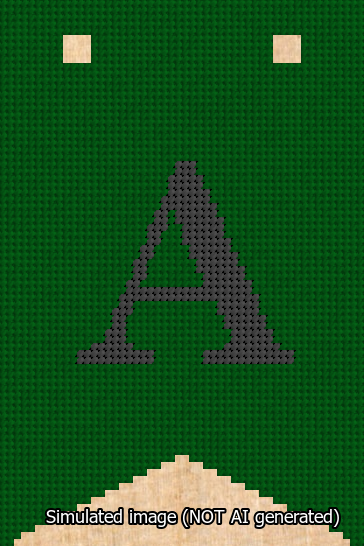 A simulated image of the stitched needlepoint design: Banner 13m Forked A Black on Green. Not A.I. generated.