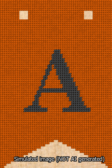 A simulated image of the stitched needlepoint design: Banner 13m Forked A Black on Orange. Not A.I. generated.