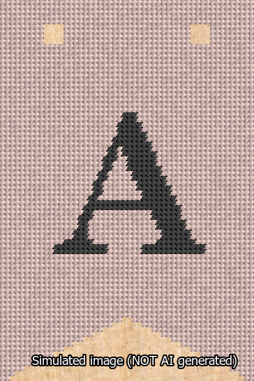 A simulated image of the stitched needlepoint design: Banner 13m Forked A Black on Pink. Not A.I. generated.