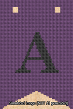 A simulated image of the stitched needlepoint design: Banner 13m Forked A Black on Purple. Not A.I. generated.