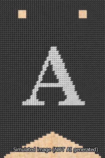 A simulated image of the stitched needlepoint design: Banner 13m Forked A White on Black. Not A.I. generated.