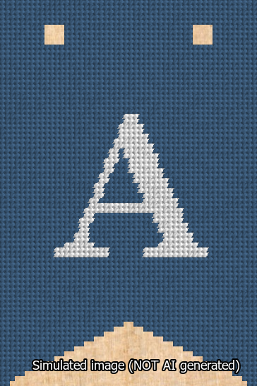 A simulated image of the stitched needlepoint design: Banner 13m Forked A White on Blue. Not A.I. generated.