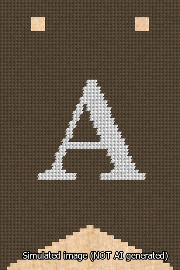A simulated image of the stitched needlepoint design: Banner 13m Forked A White on Brown. Not A.I. generated.