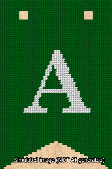 A simulated image of the stitched needlepoint design: Banner 13m Forked A White on Green. Not A.I. generated.