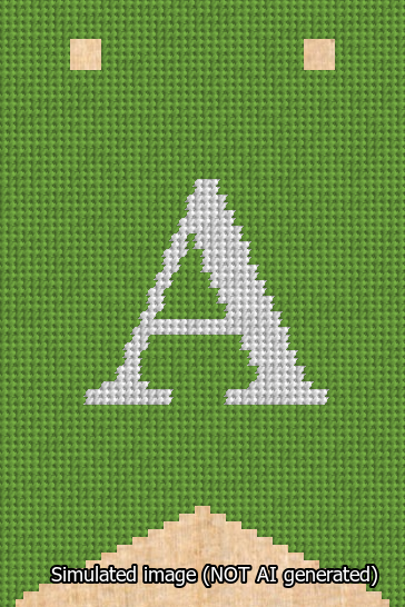 A simulated image of the stitched needlepoint design: Banner 13m Forked A White on Light Green. Not A.I. generated.