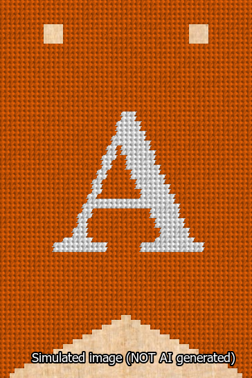 A simulated image of the stitched needlepoint design: Banner 13m Forked A White on Orange. Not A.I. generated.