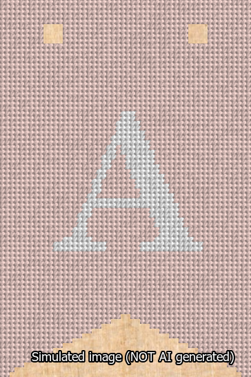 A simulated image of the stitched needlepoint design: Banner 13m Forked A White on Pink. Not A.I. generated.