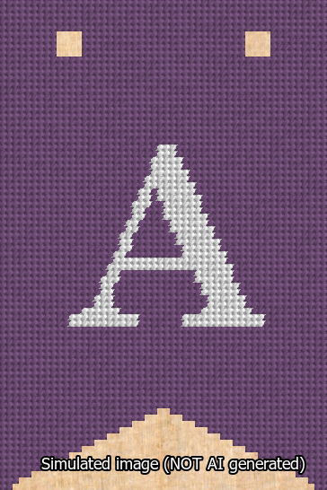 A simulated image of the stitched needlepoint design: Banner 13m Forked A White on Purple. Not A.I. generated.