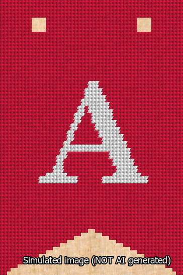 A simulated image of the stitched needlepoint design: Banner 13m Forked A White on Red. Not A.I. generated.