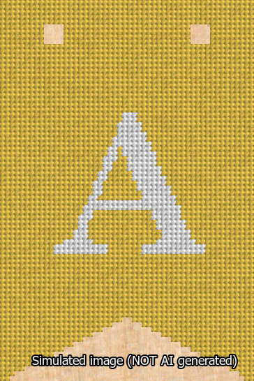 A simulated image of the stitched needlepoint design: Banner 13m Forked A White on Yellow. Not A.I. generated.