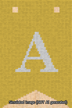 A simulated image of the stitched needlepoint design: Banner 13m Forked A White on Yellow. Not A.I. generated.