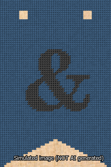 A simulated image of the stitched needlepoint design: Banner 13m Forked Ampersand Black on Blue. Not A.I. generated.