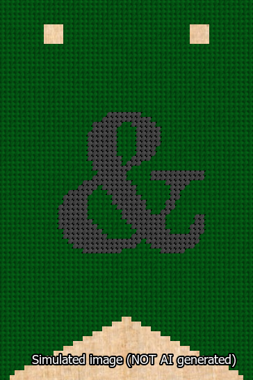 A simulated image of the stitched needlepoint design: Banner 13m Forked Ampersand Black on Green. Not A.I. generated.