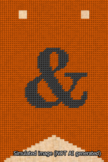 A simulated image of the stitched needlepoint design: Banner 13m Forked Ampersand Black on Orange. Not A.I. generated.