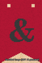 A simulated image of the stitched needlepoint design: Banner 13m Forked Ampersand Black on Red. Not A.I. generated.