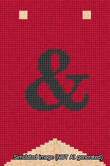 A simulated image of the stitched needlepoint design: Banner 13m Forked Ampersand Black on Red. Not A.I. generated.