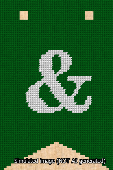 A simulated image of the stitched needlepoint design: Banner 13m Forked Ampersand White on Green. Not A.I. generated.