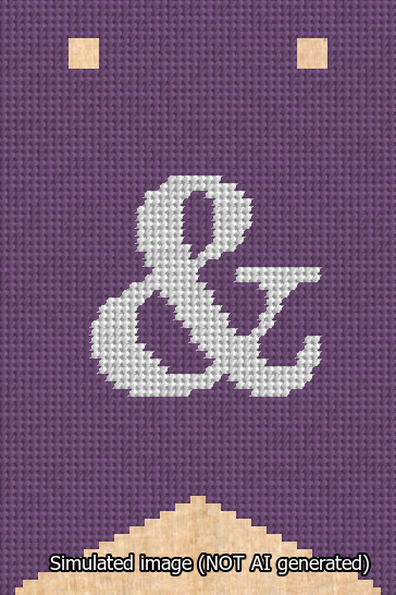 A simulated image of the stitched needlepoint design: Banner 13m Forked Ampersand White on Purple. Not A.I. generated.