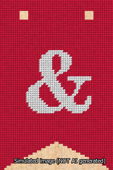 A simulated image of the stitched needlepoint design: Banner 13m Forked Ampersand White on Red. Not A.I. generated.