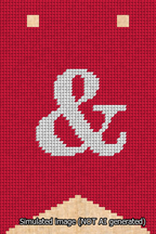 A simulated image of the stitched needlepoint design: Banner 13m Forked Ampersand White on Red. Not A.I. generated.