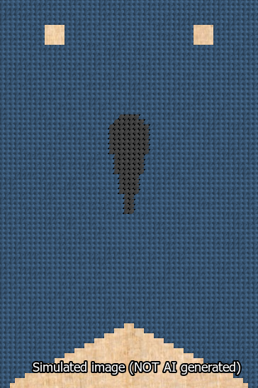 A simulated image of the stitched needlepoint design: Banner 13m Forked Apostrophe Black on Blue. Not A.I. generated.
