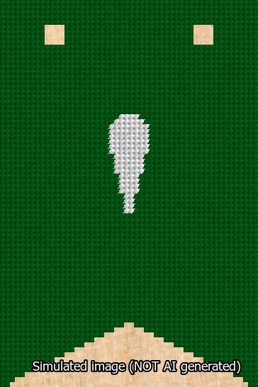 A simulated image of the stitched needlepoint design: Banner 13m Forked Apostrophe White on Green. Not A.I. generated.