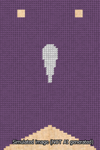 A simulated image of the stitched needlepoint design: Banner 13m Forked Apostrophe White on Purple. Not A.I. generated.