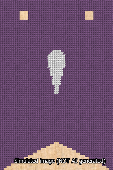 A simulated image of the stitched needlepoint design: Banner 13m Forked Apostrophe White on Purple. Not A.I. generated.