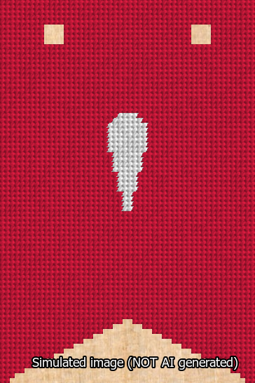 A simulated image of the stitched needlepoint design: Banner 13m Forked Apostrophe White on Red. Not A.I. generated.
