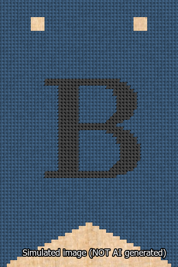 A simulated image of the stitched needlepoint design: Banner 13m Forked B Black on Blue. Not A.I. generated.