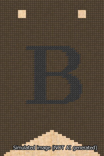 A simulated image of the stitched needlepoint design: Banner 13m Forked B Black on Brown. Not A.I. generated.