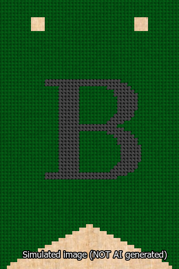 A simulated image of the stitched needlepoint design: Banner 13m Forked B Black on Green. Not A.I. generated.