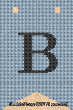 A simulated image of the stitched needlepoint design: Banner 13m Forked B Black on Light Blue. Not A.I. generated.