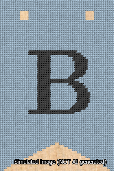 A simulated image of the stitched needlepoint design: Banner 13m Forked B Black on Light Blue. Not A.I. generated.