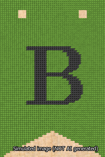 A simulated image of the stitched needlepoint design: Banner 13m Forked B Black on Light Green. Not A.I. generated.