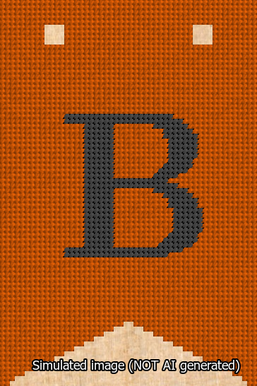 A simulated image of the stitched needlepoint design: Banner 13m Forked B Black on Orange. Not A.I. generated.