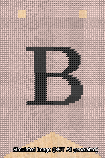 A simulated image of the stitched needlepoint design: Banner 13m Forked B Black on Pink. Not A.I. generated.