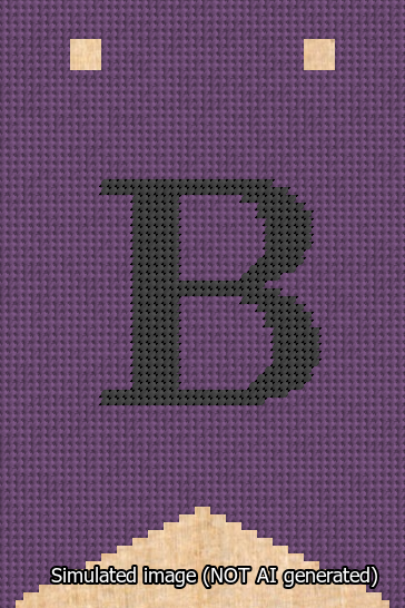 A simulated image of the stitched needlepoint design: Banner 13m Forked B Black on Purple. Not A.I. generated.