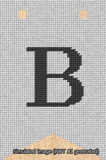 A simulated image of the stitched needlepoint design: Banner 13m Forked B Black on White. Not A.I. generated.