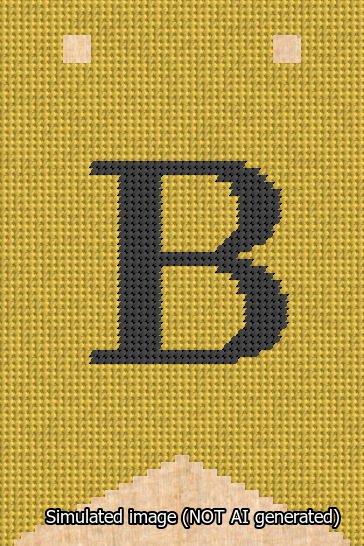 A simulated image of the stitched needlepoint design: Banner 13m Forked B Black on Yellow. Not A.I. generated.