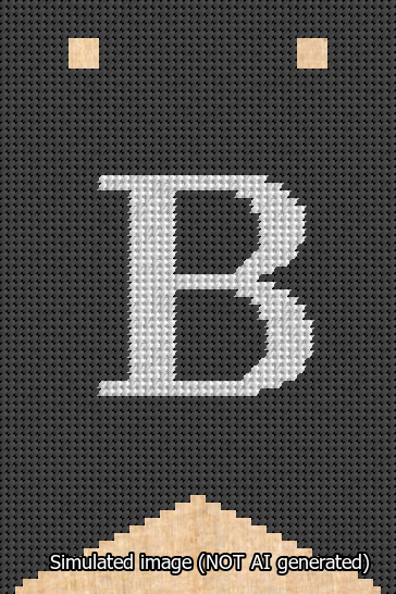 A simulated image of the stitched needlepoint design: Banner 13m Forked B White on Black. Not A.I. generated.