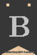 A simulated image of the stitched needlepoint design: Banner 13m Forked B White on Black. Not A.I. generated.