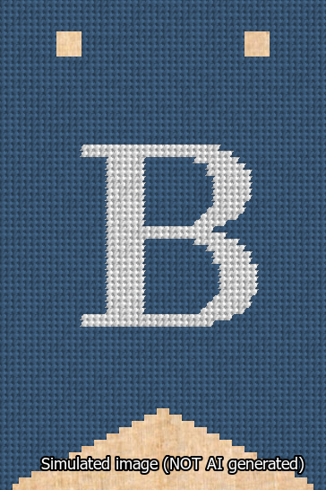 A simulated image of the stitched needlepoint design: Banner 13m Forked B White on Blue. Not A.I. generated.