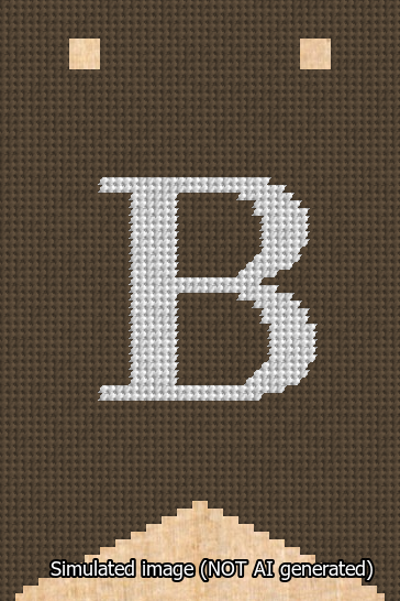 A simulated image of the stitched needlepoint design: Banner 13m Forked B White on Brown. Not A.I. generated.