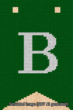 A simulated image of the stitched needlepoint design: Banner 13m Forked B White on Green. Not A.I. generated.