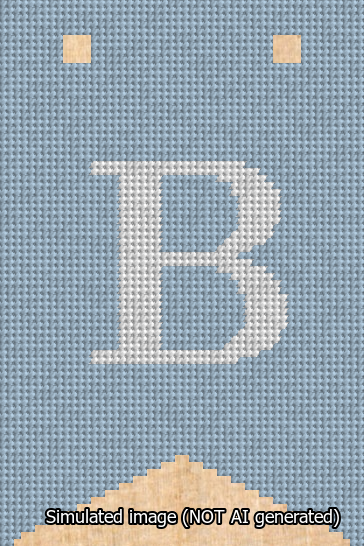A simulated image of the stitched needlepoint design: Banner 13m Forked B White on Light Blue. Not A.I. generated.